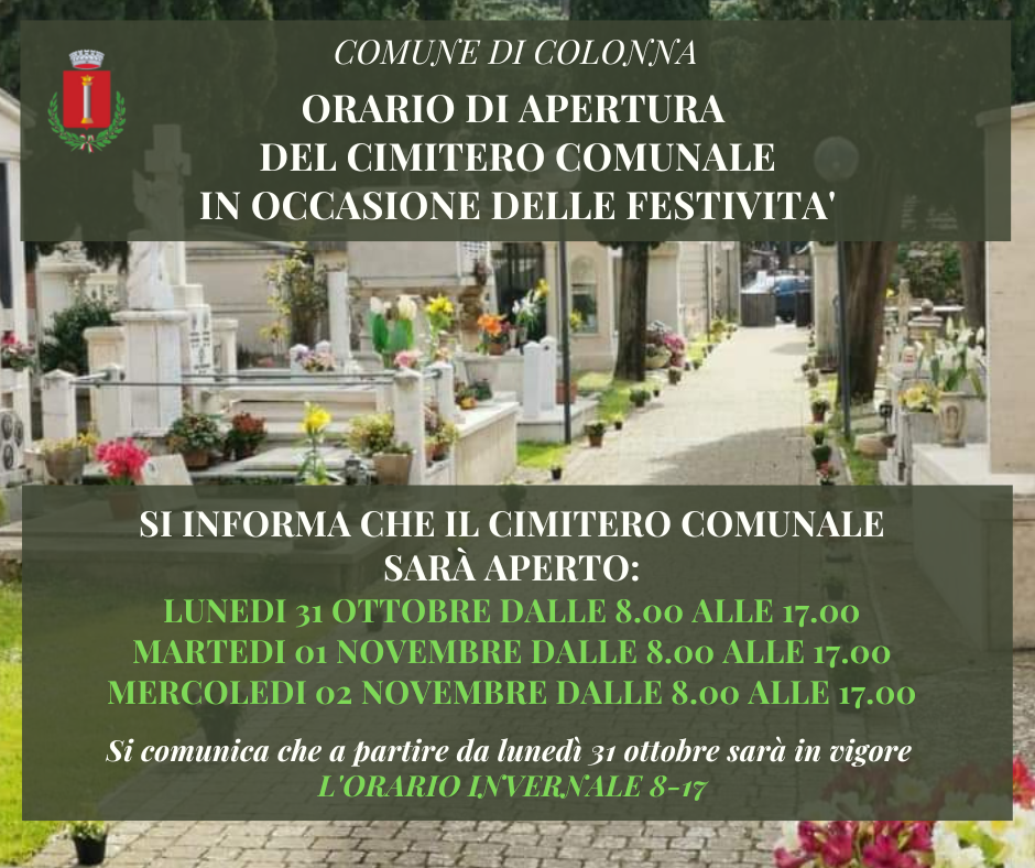 Orari di apertura del cimitero comunale per Ognissanti