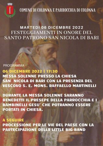6 dicembre 2022 festeggiamenti del Santo Patrono San Nicola di Bari