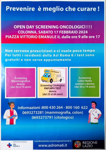 Open Day screening oncologici Colonna, sabato 17 febbraio 2024 