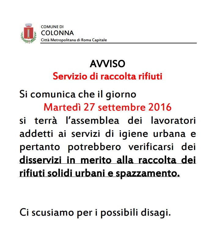 AVVISO  Servizio di raccolta rifiuti