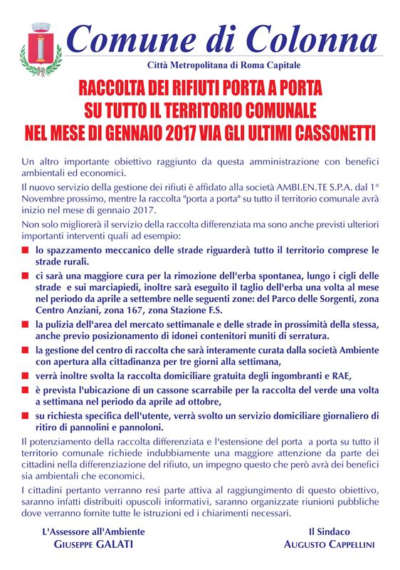 Raccolta porta a portasu tutto il territorio comunale nel mese di gennaio 2017 via gli ultimi cassonetti