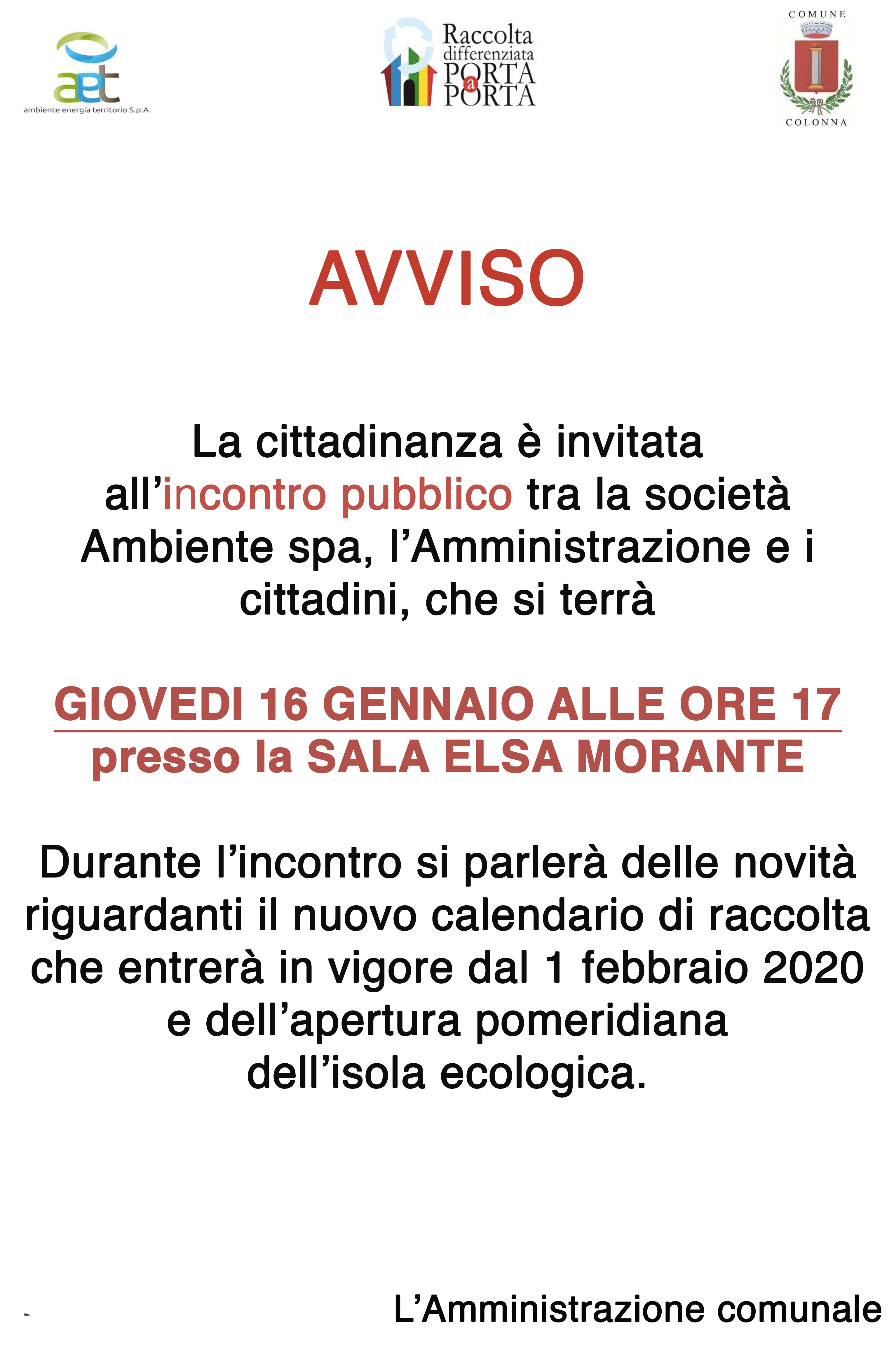 Avviso: Incontro pubblico con Ambiente spa e l'Amministrazione Comunale