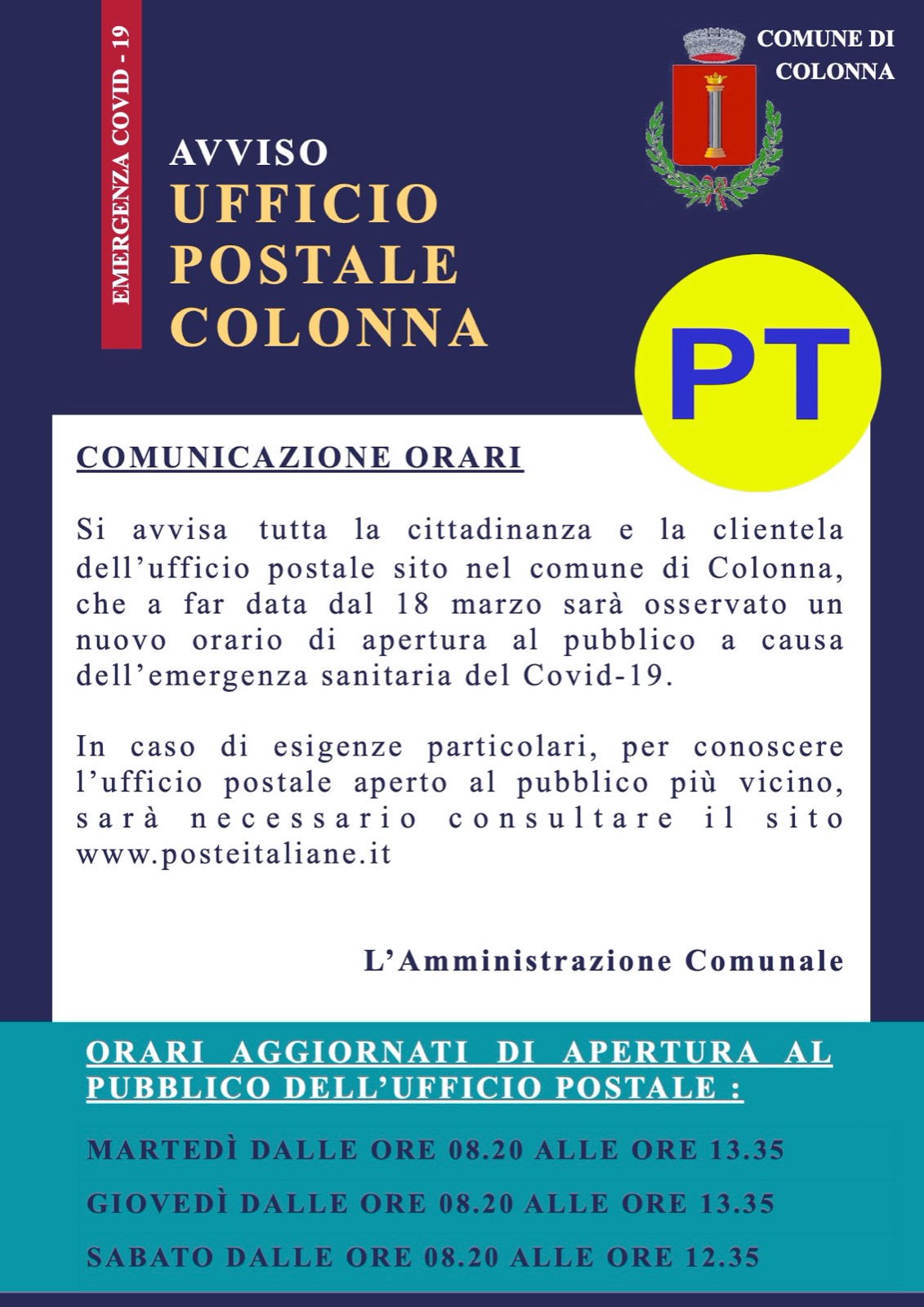 CODIV19: Orari Ufficio Postale