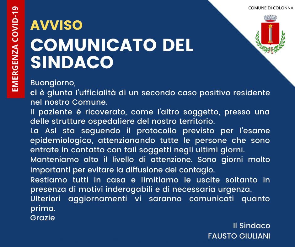 CODIV19: Secondo caso positivo a Colonna