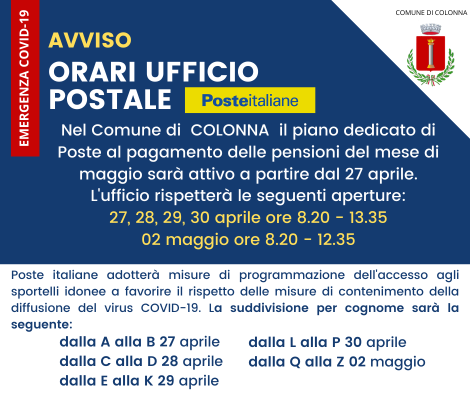 CODIV19: Orari Ufficio Postale pensioni di maggio