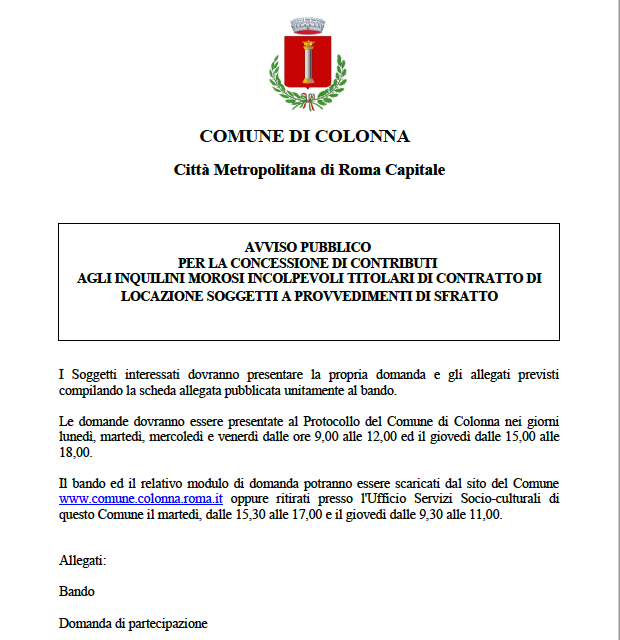 Avviso pubblico per la concessione di contributi agli inquilini morosi incolpevoli