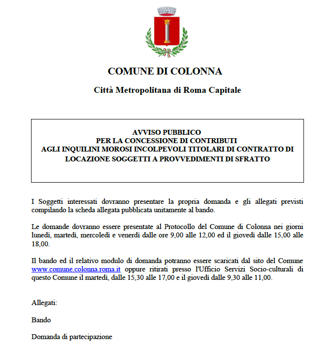 Avviso pubblico per la concessione di contributi agli inquilini morosi incolpevoli 