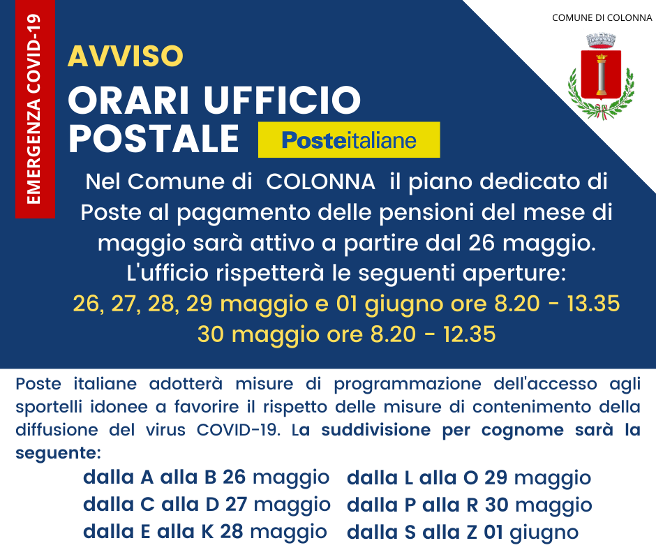 CODIV19: Orari Ufficio Postale pensioni di giugno