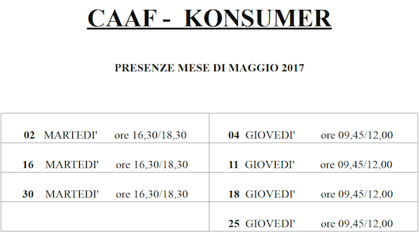 Presenze CAF mese maggio 2017
