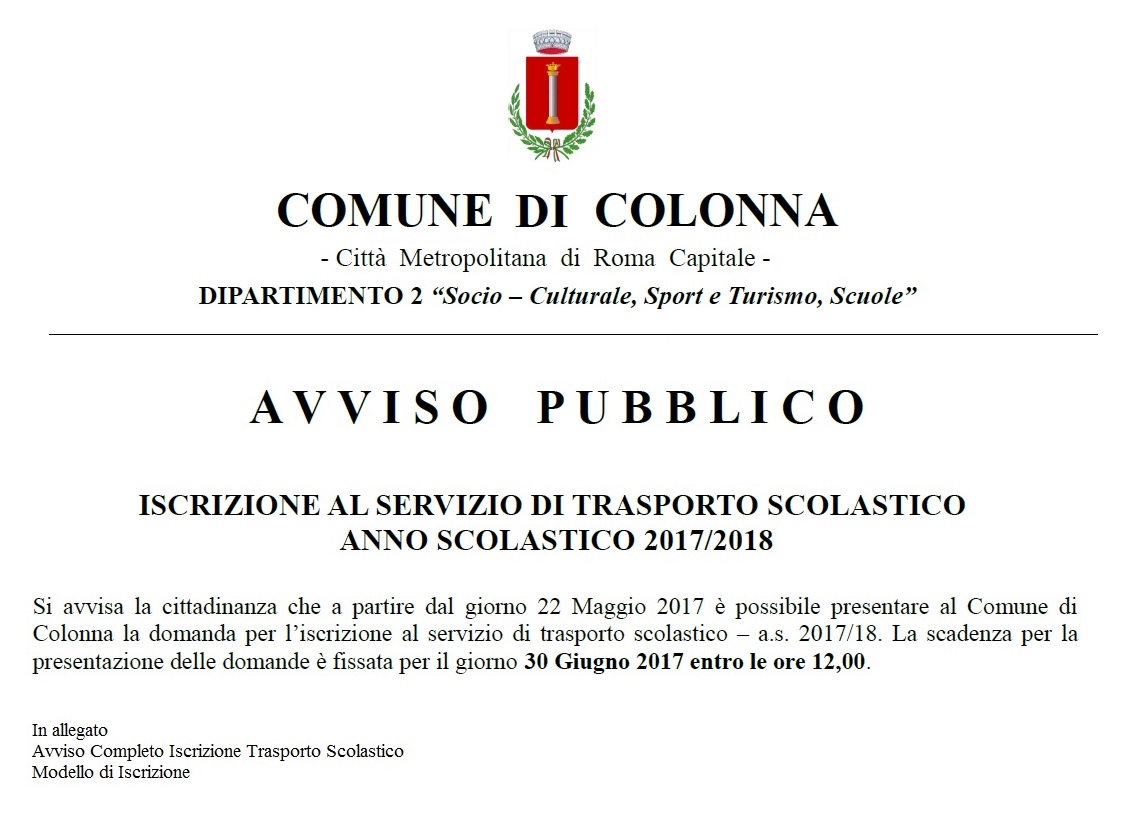 Iscrizione al servizio di trasporto scolastico anno 2017/2018