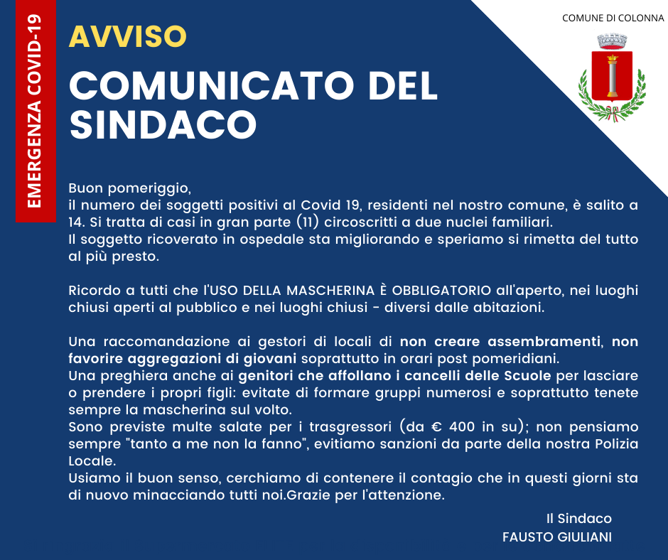 Covid-19: Comunicazione del Sindaco del 08.10.2020