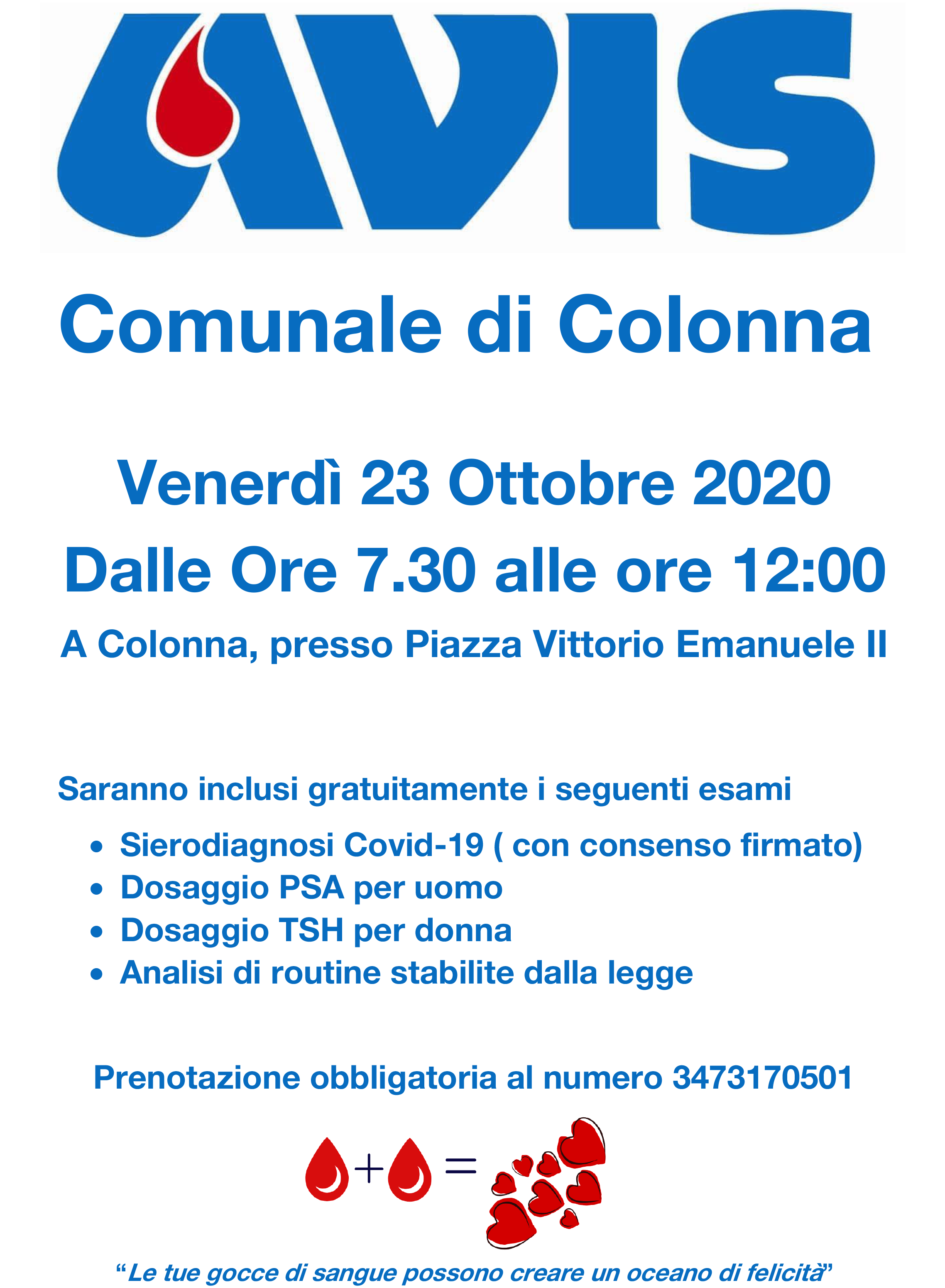 AVIS COMUNALE: Raccolta sangue nella sede Avis di Colonna