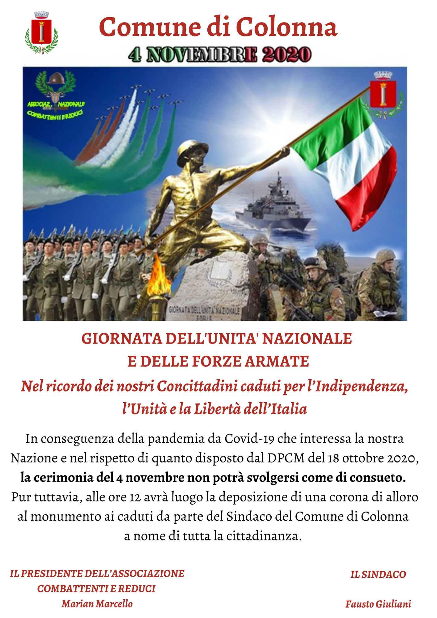 4 NOVEMBRE 2020: Giornata dell'Unità Nazionale e delle Forze Armate