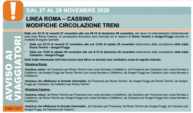 Lavori di potenziamento infrastrutturale della linea Roma – Cassino dal 27 al 29 novembre 2020