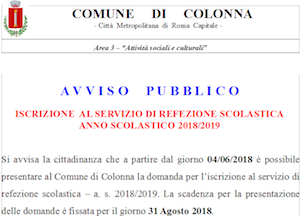 Iscrizione  al servizio di refezione scolastica  anno scolastico 2018/2019