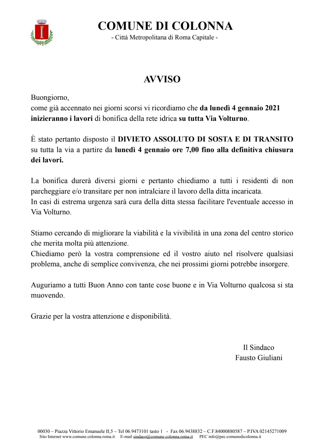 Avviso: Lavori di bonifica in Via Volturno