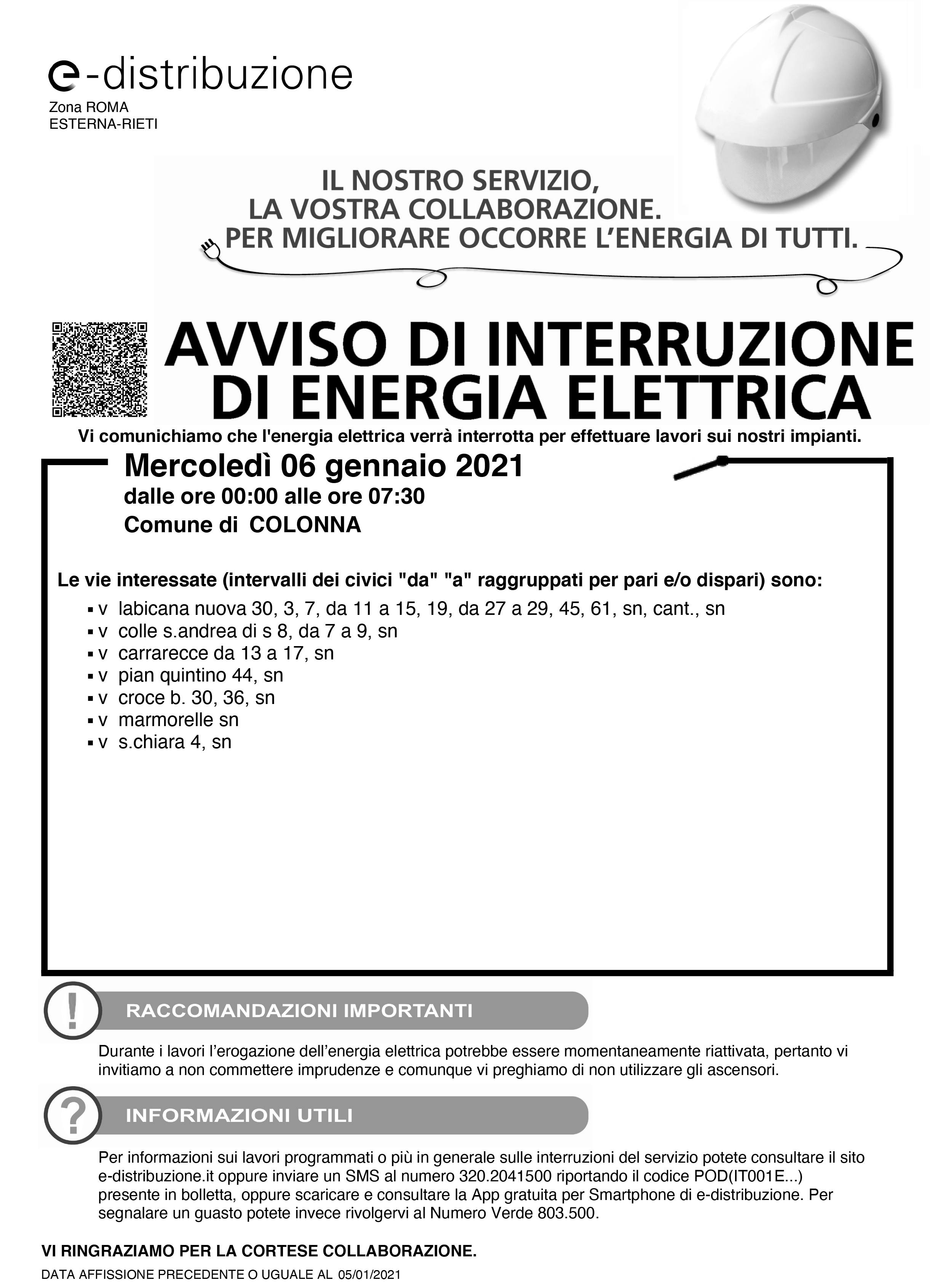 Avviso interruzione di energia elettrica