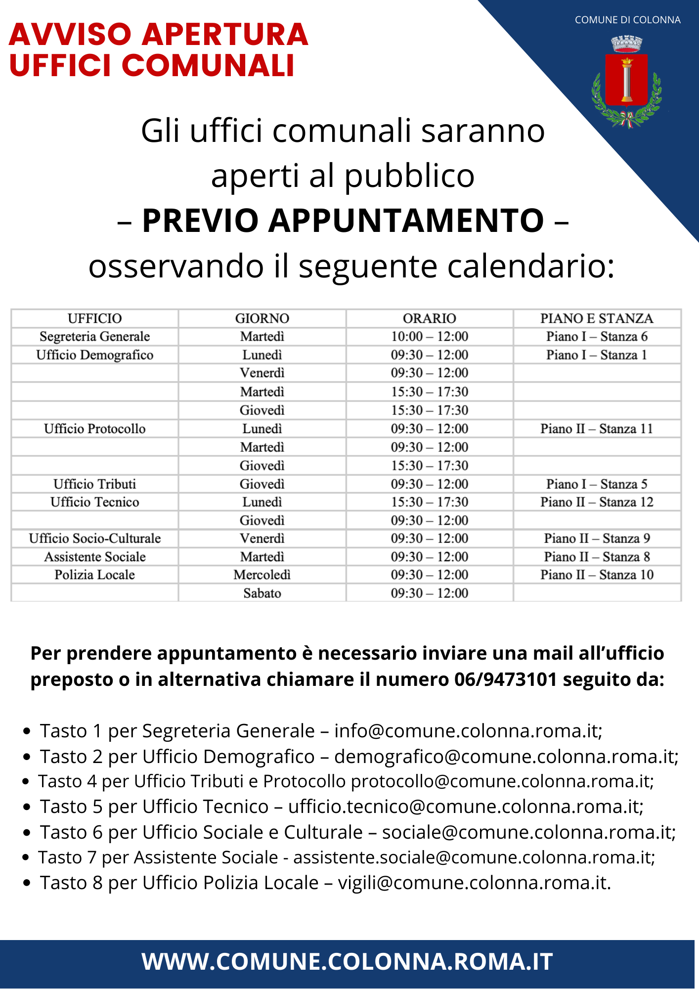 Emergenza Covid-19: Orari apertura al pubblico uffici comunali